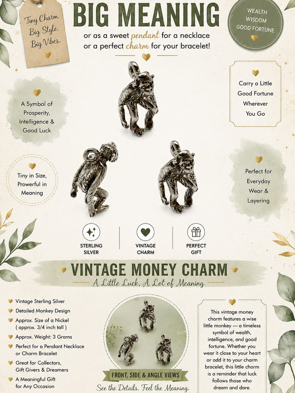 Vintage Sterling Silver Monkey Money Charm